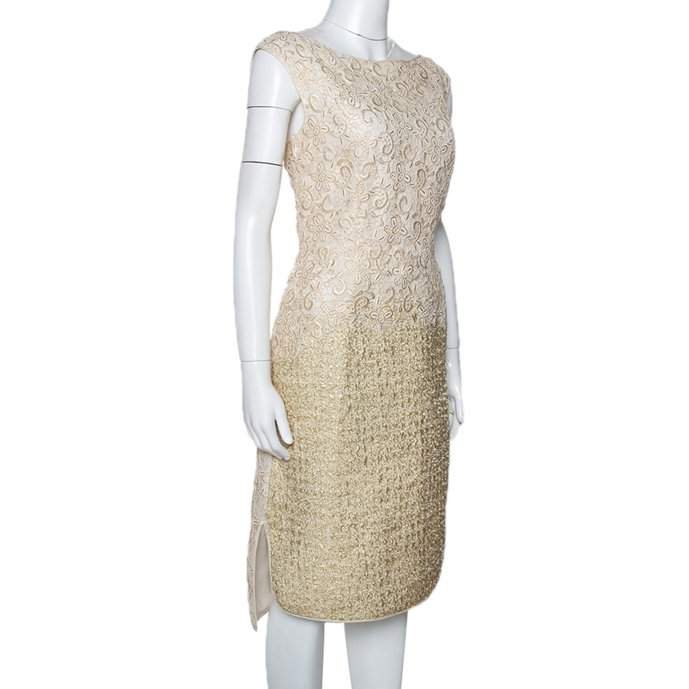 

Giambattista Valli Gold & Cream Floral Lace Paneled Sheath Dress