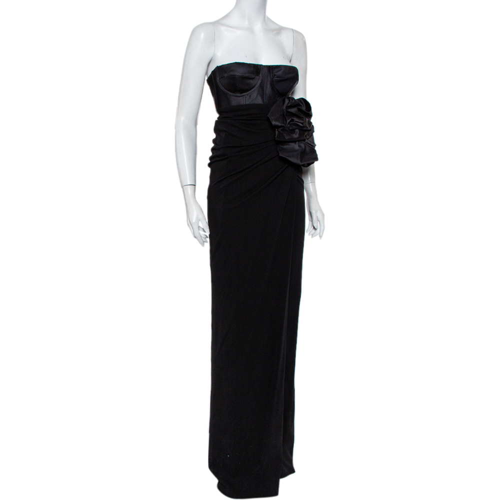 

Giambattista Valli Black Silk Draped Bustier Detail Faux Wrap Gown