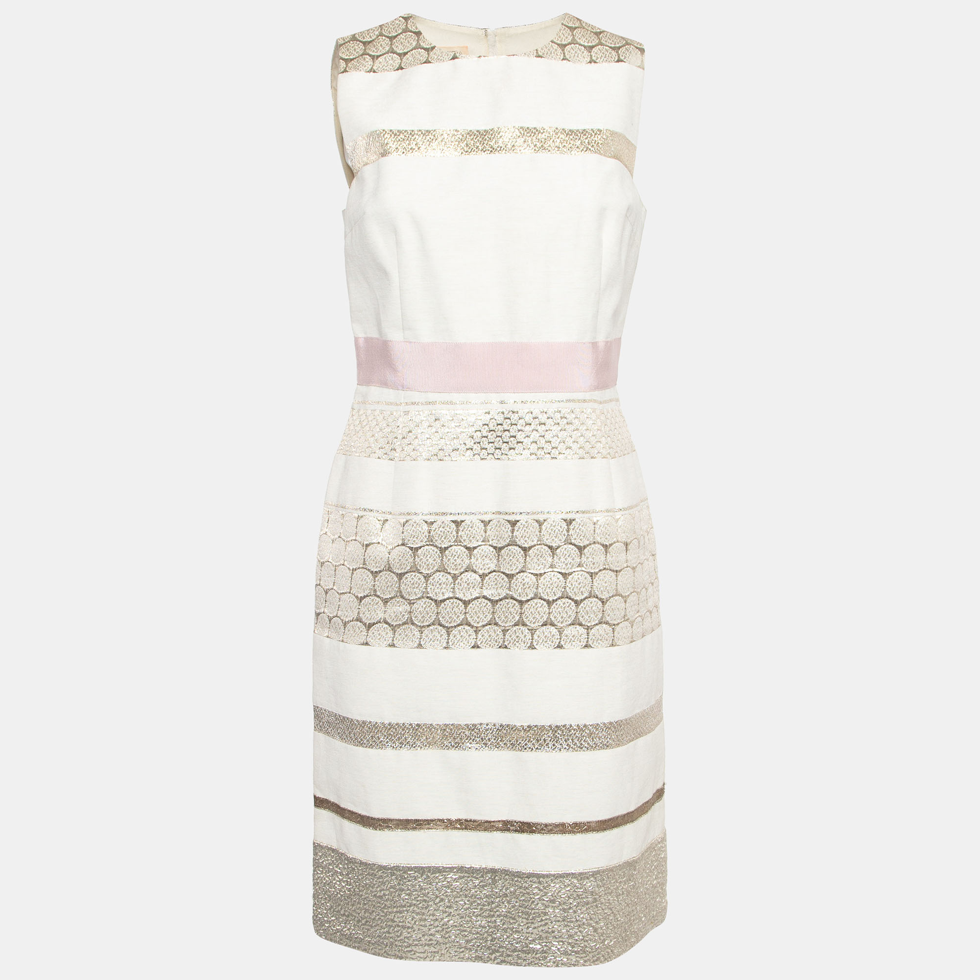 Pre-owned Giambattista Valli Off White Lurex Brocade Striped Cotton Sleeveless Dress M