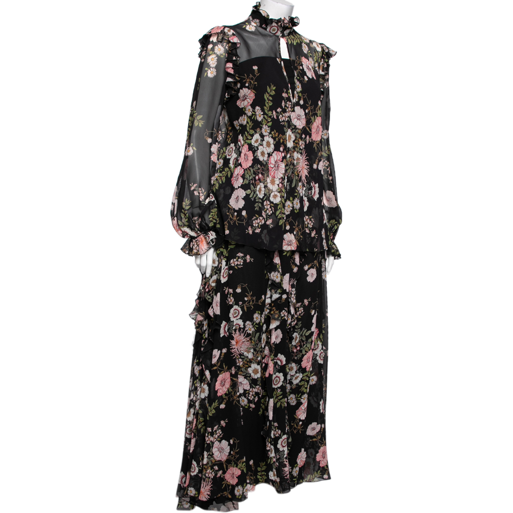 

Giambattista Valli Black Floral Printed Silk Ruffle Trimmed Skirt & Blouse Set