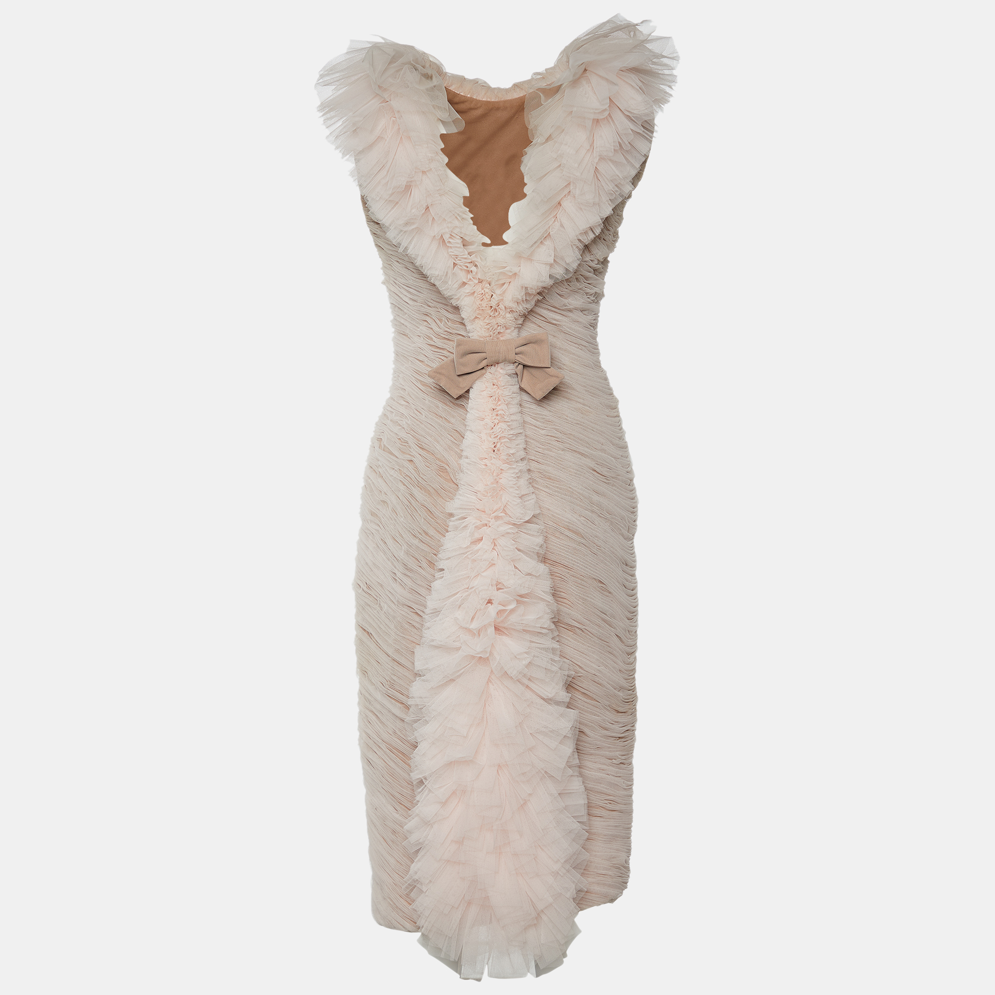 

Giambattista Valli Light Pink Ruched Tulle Ruffle Detail Sheath Dress