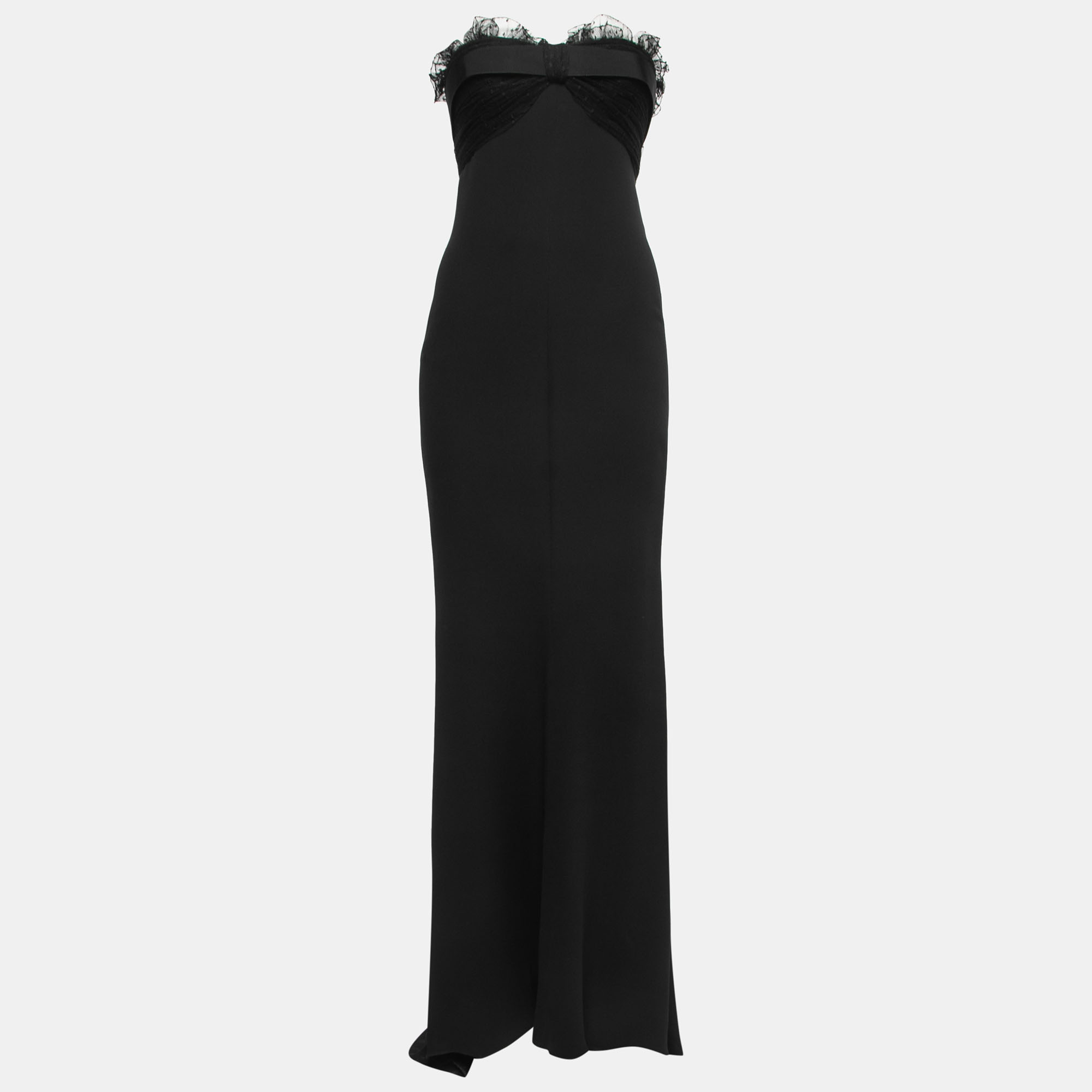 Giambattista Valli Black Crepe Silk Tulle Ruffled Bodice Strapless Gown XS