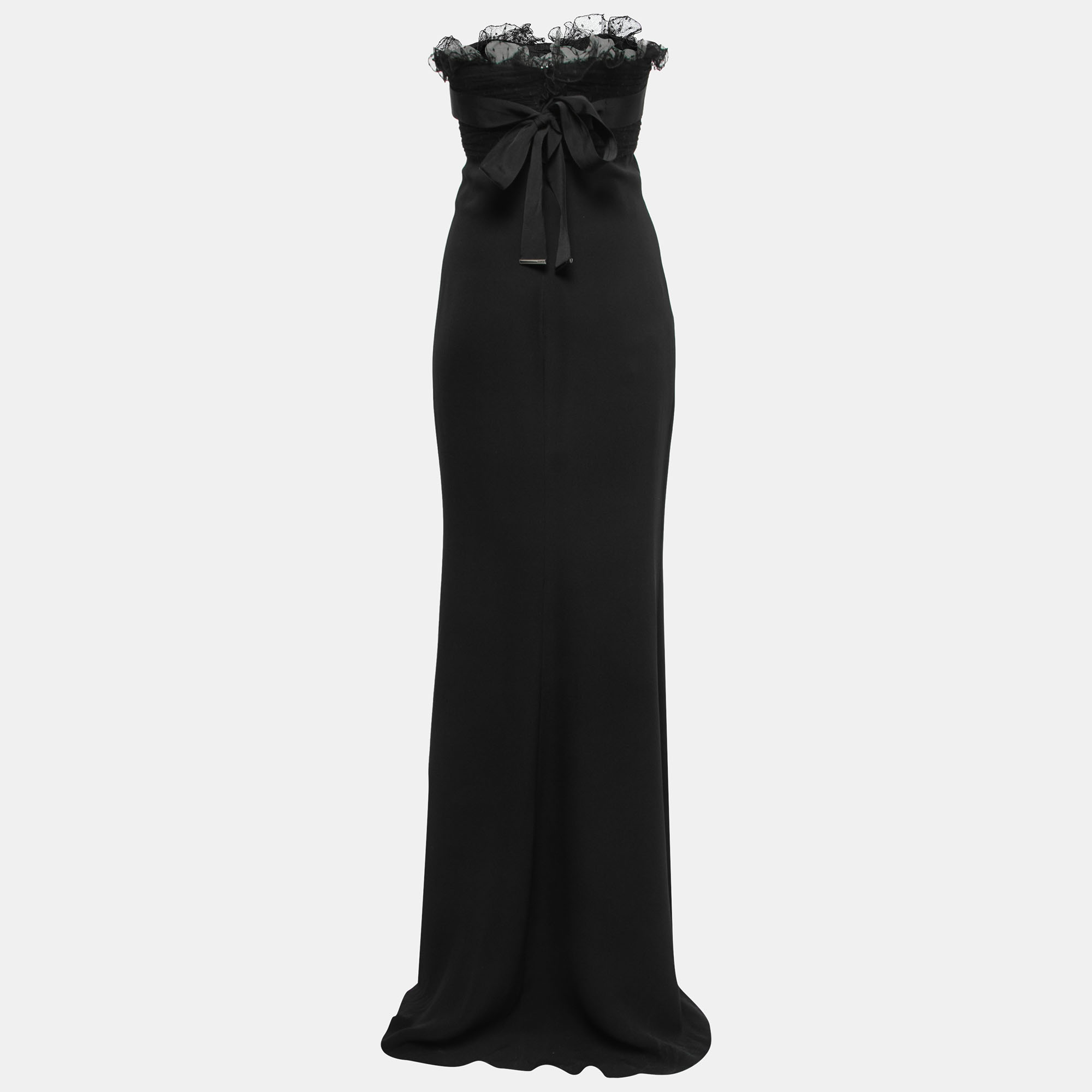 

Giambattista Valli Black Crepe Silk Tulle Ruffled Bodice Strapless Gown