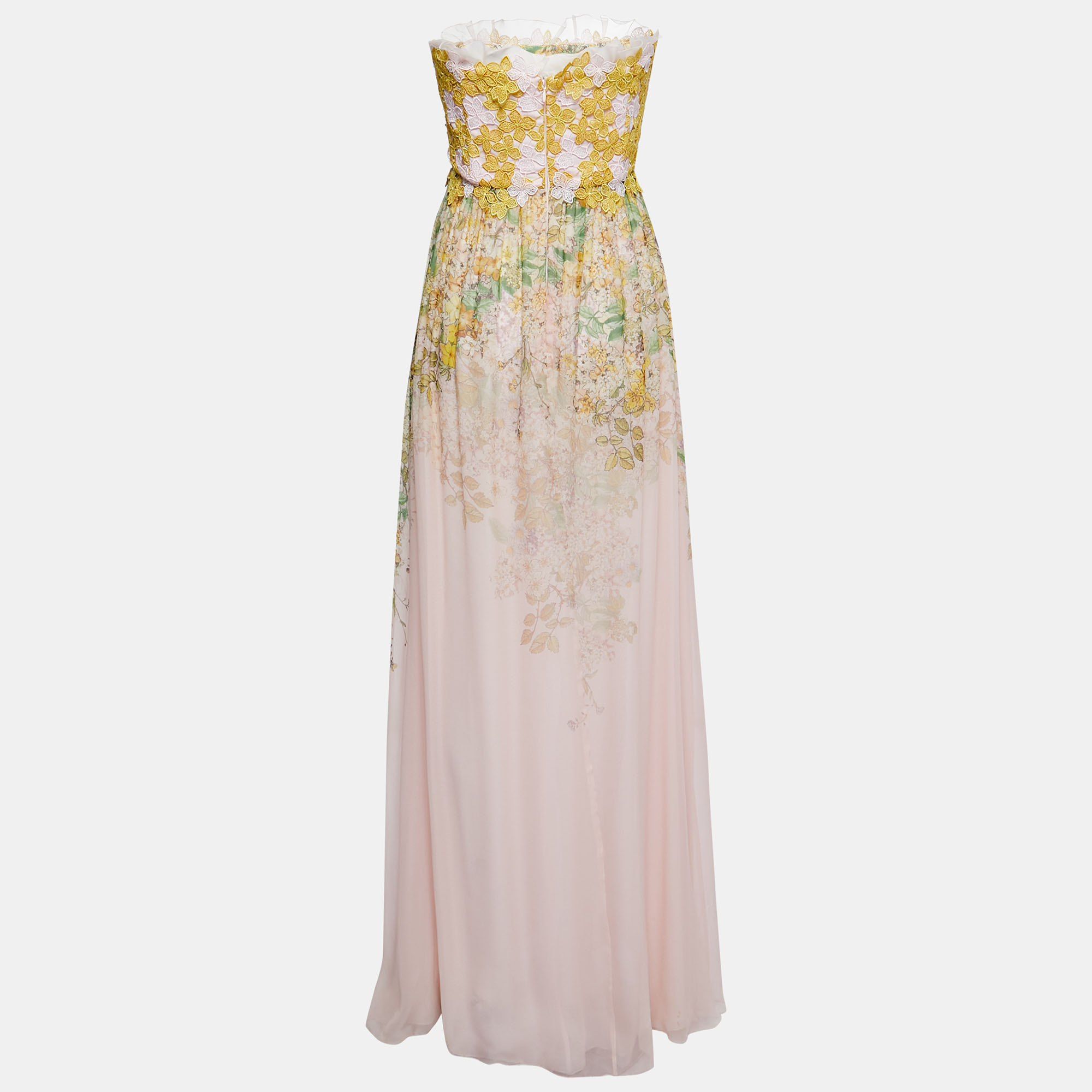 

Giambattista Valli Pink Floral Printed Silk Lace Detail Strapless Maxi Dress
