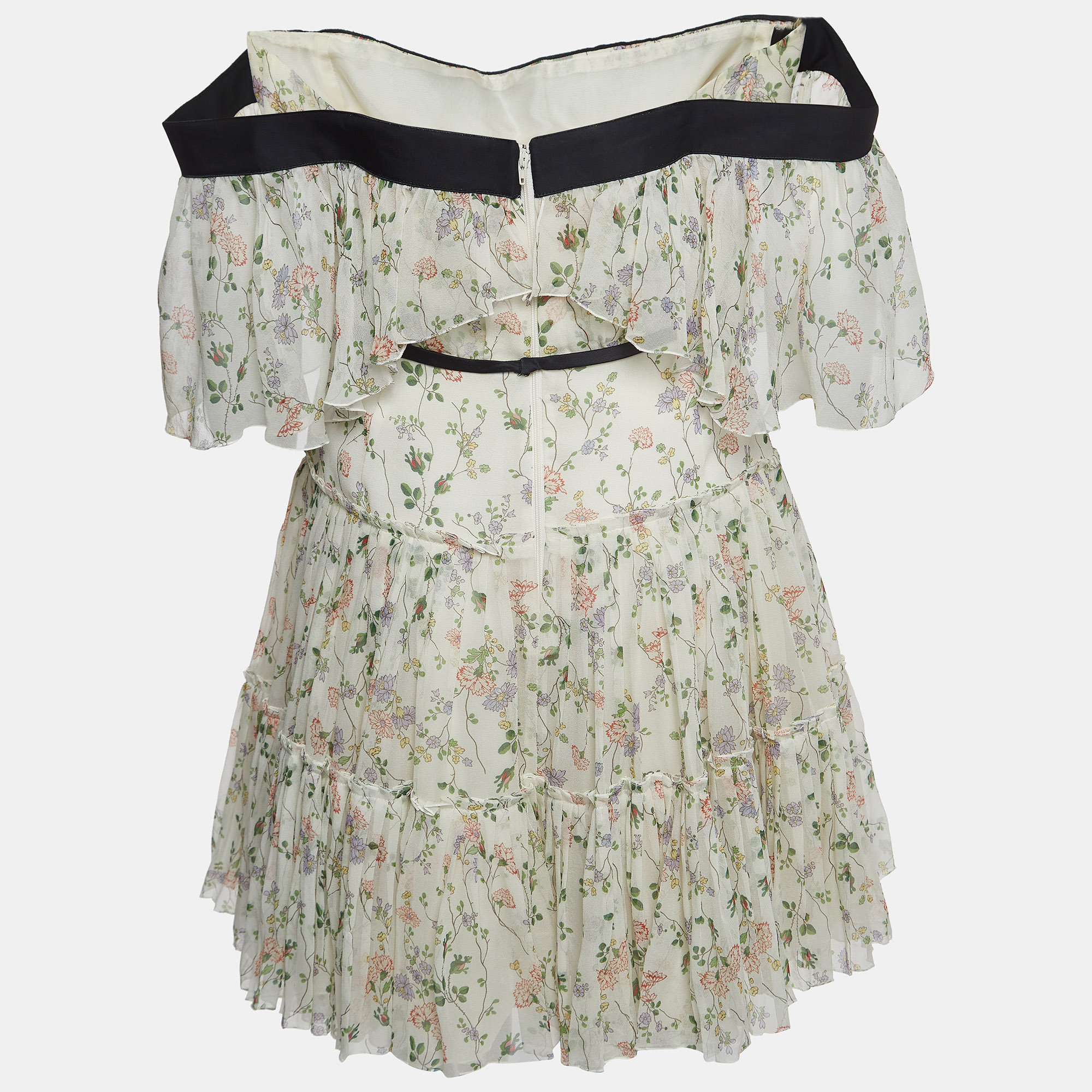 

Giambattista Valli White Floral Print Silk Ruffled Mini Off-Shoulder Dress