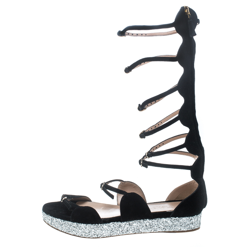 Pre-owned Giambattista Valli Black Suede Glitter Platform Flat Gladiator Sandals Size 38.5