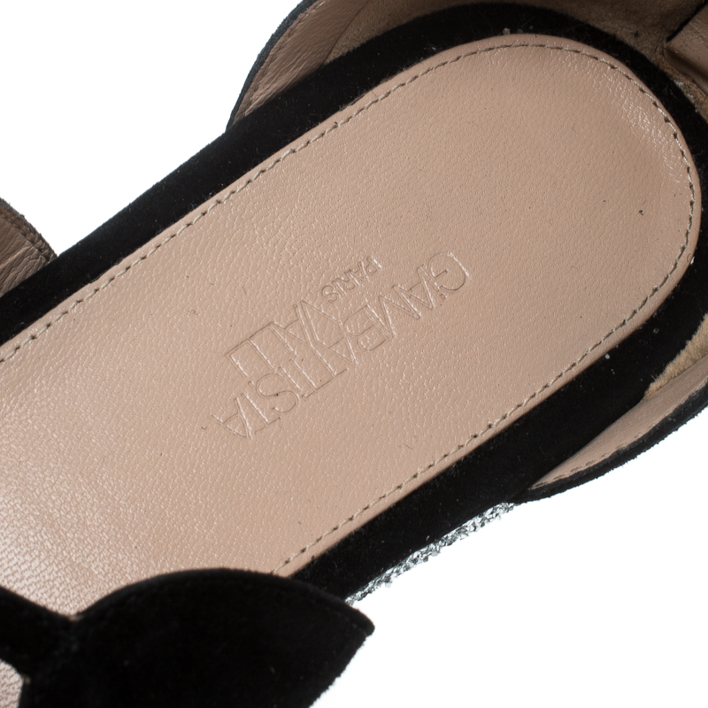Pre-owned Giambattista Valli Black Suede Glitter Platform Flat Gladiator Sandals Size 38.5