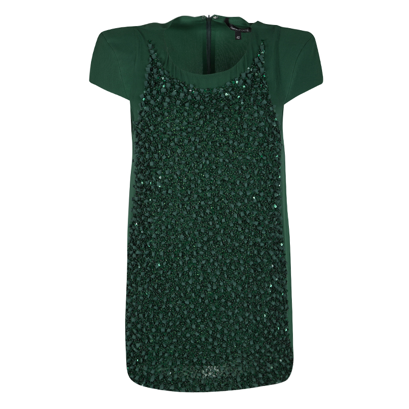 Pre Owned Gianfranco Ferre Dark Green Silk Embellished Cap Sleeve Top L