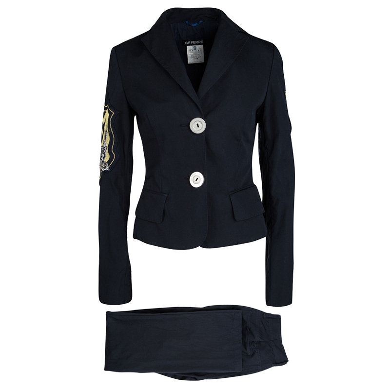 GF Ferre Navy Blue Logo Patchwork Detail Pants and Jacket Set S