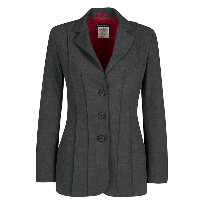 Pre Owned GF Ferre Grey Pintuck Stitch Detail Tailored Three Button Blazer S