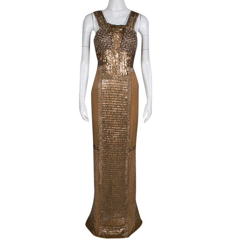 

Gianfranco Ferre Dull Gold Embellished Sleeveless Evening Gown