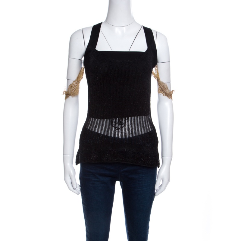 Pre-owned Gianfranco Ferre Gf Ferre Metallic Black Scallop Lace Strap Detail Perforated Knit Top S