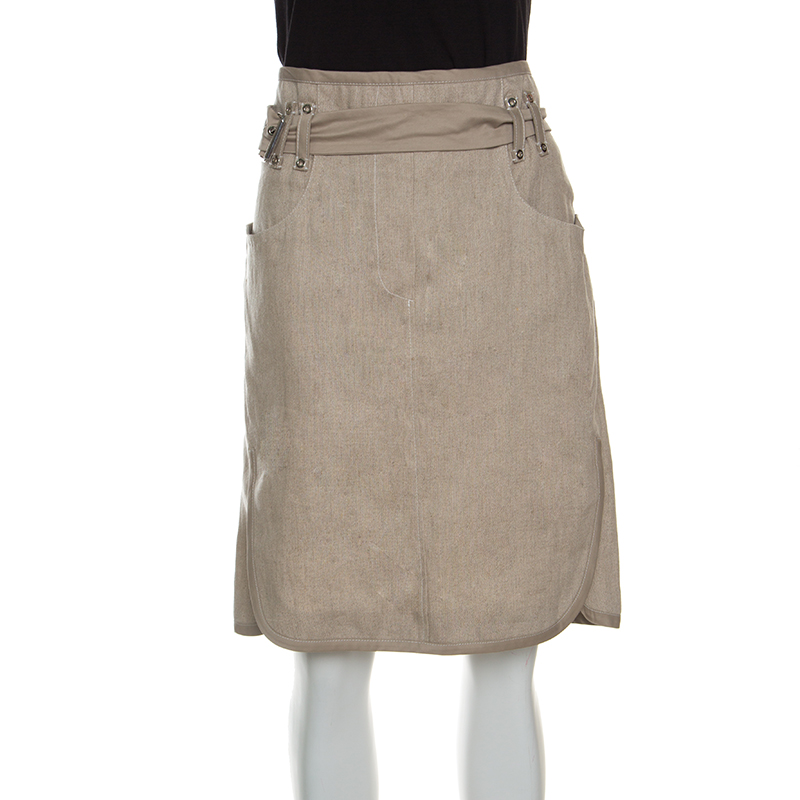 Pre Owned Gianfranco Ferre Beige Linen Belted Skirt L