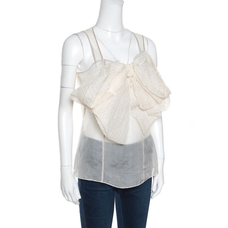 

Gianfranco Ferre Cream Sheer Silk Paneled Bow Front Sleeveless Top