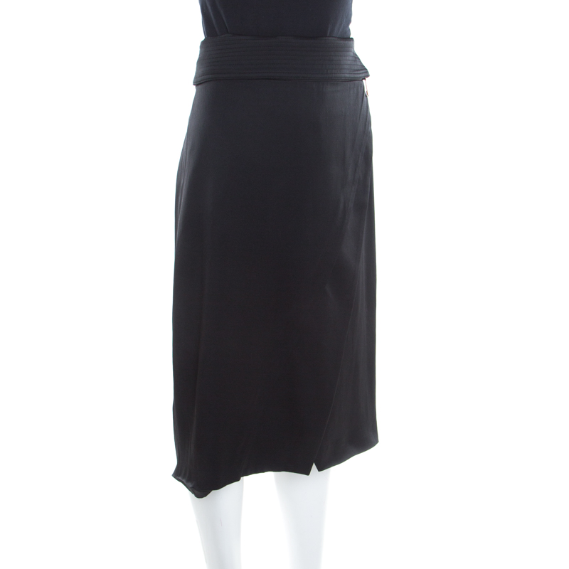 

Gianfranco Ferre Black Draped Satin Foldover Waist Zip Detail Skirt