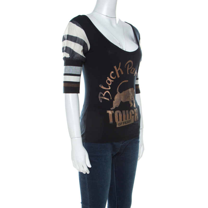 Pre-owned Gianfranco Ferre Gf Ferre Black Panther Print Jersey Scoop Neck Top S