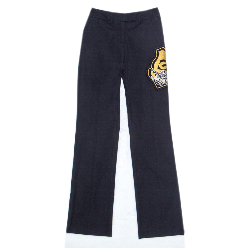 

GF Ferre Navy Blue Cotton Crest Applique Detail Straight Fit Trousers