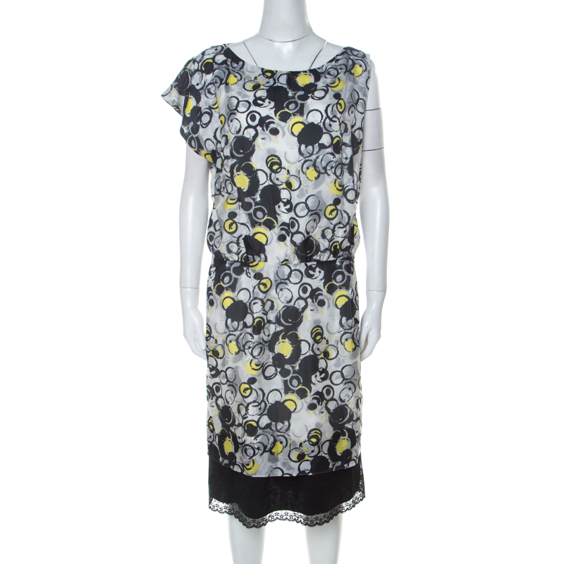 

GF Ferre Multicolor circle Print Silk Lace Detail Asymmetric Shoulder Dress L