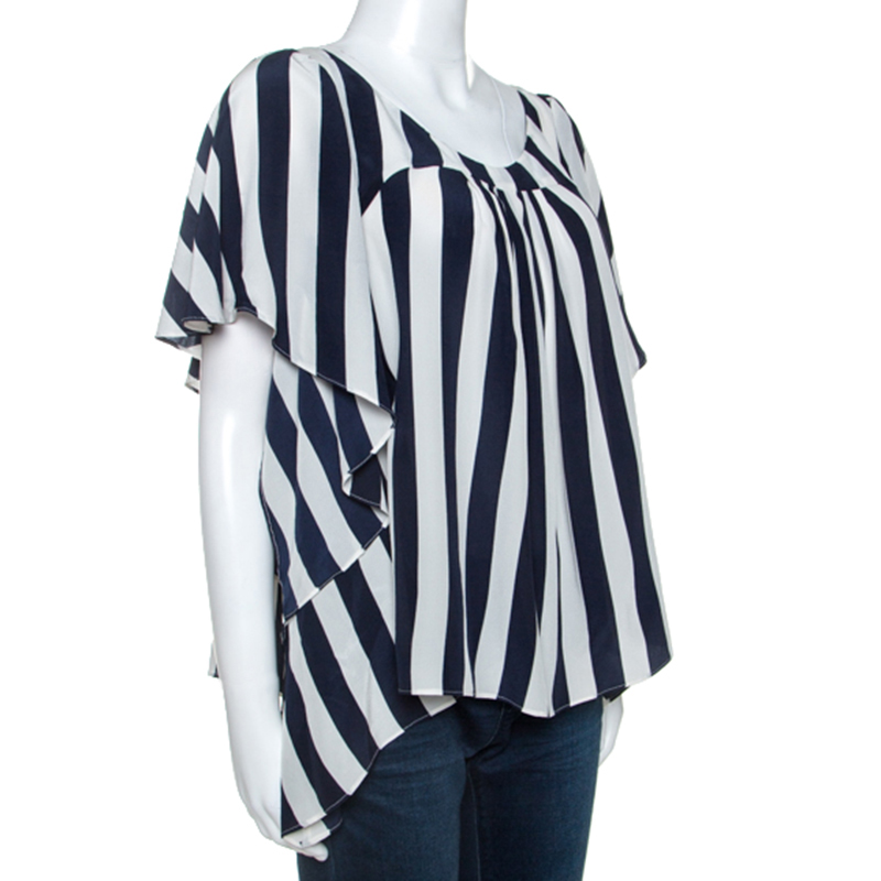 

Gianfranco Ferre Bicolor Striped Silk Blouse, Navy blue