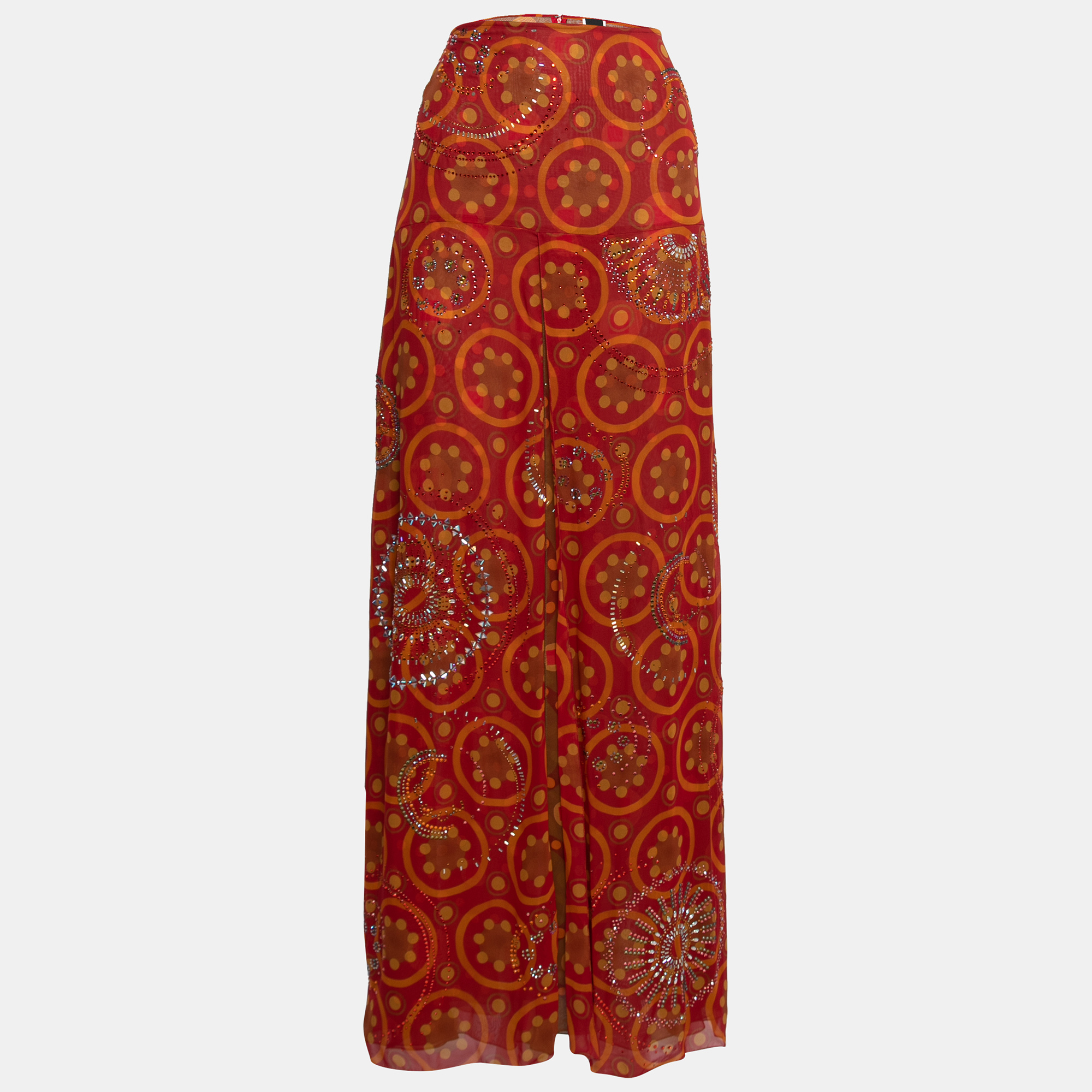 Pre-owned Gianfranco Ferre Vintage Red Printed Silk Embellished Maxi Skirt L