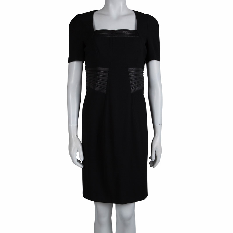 

Gianfranco Ferre Black Leather Panel Short Sleeve Wool Dress