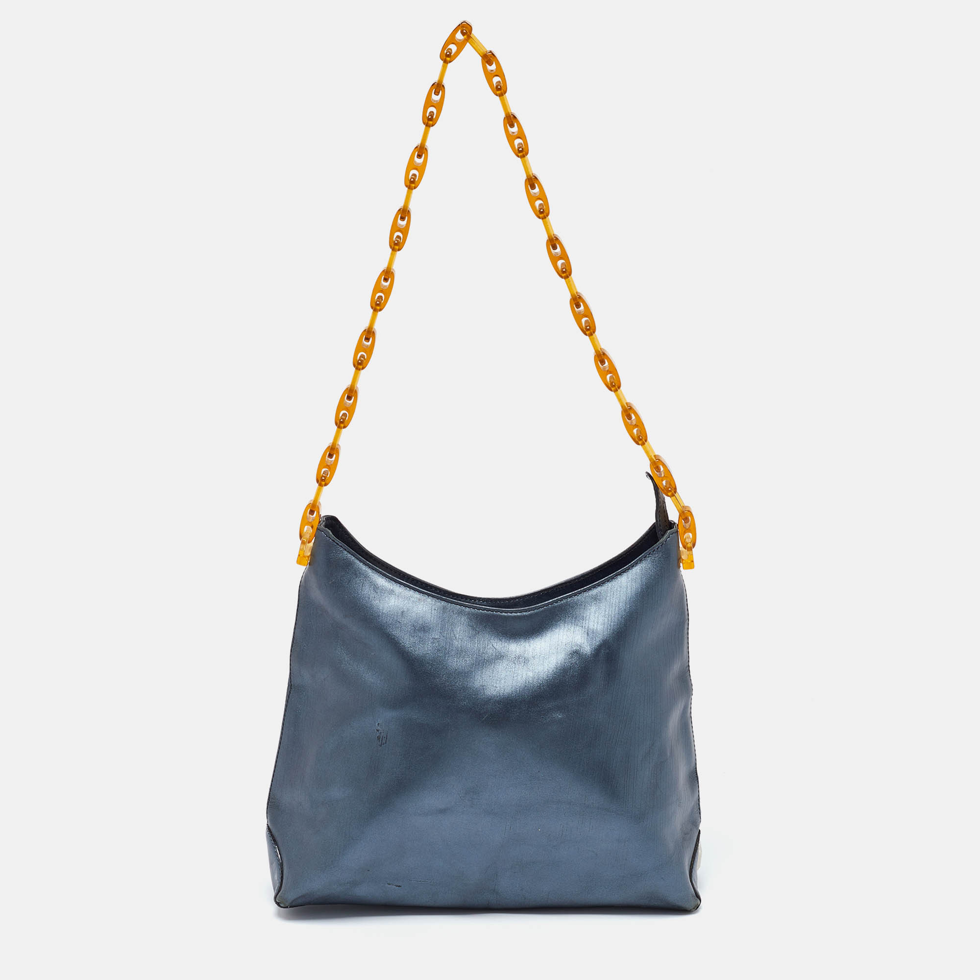 Pre-owned Gianfranco Ferre Metallic Blue Leather Chain Hobo