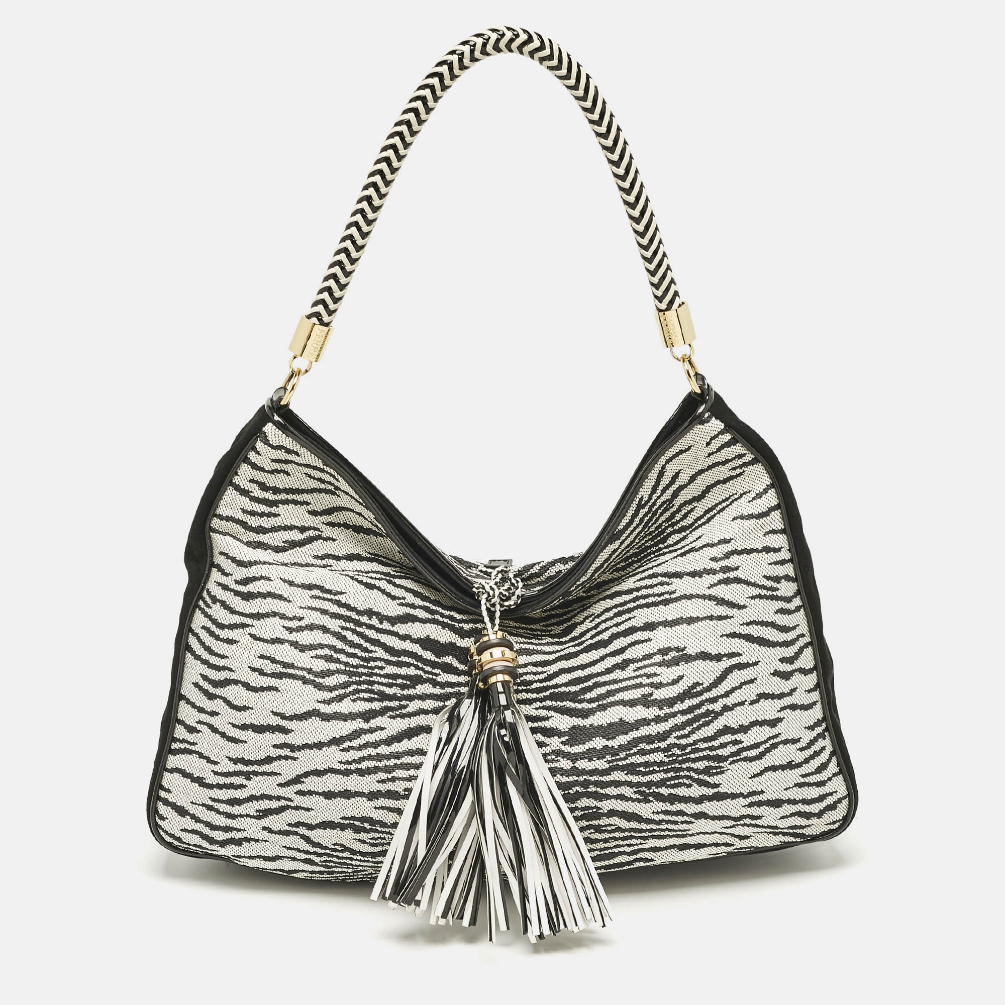 

Gianfranco Ferre Black/White Zebra Effect Straw Tassel Hobo