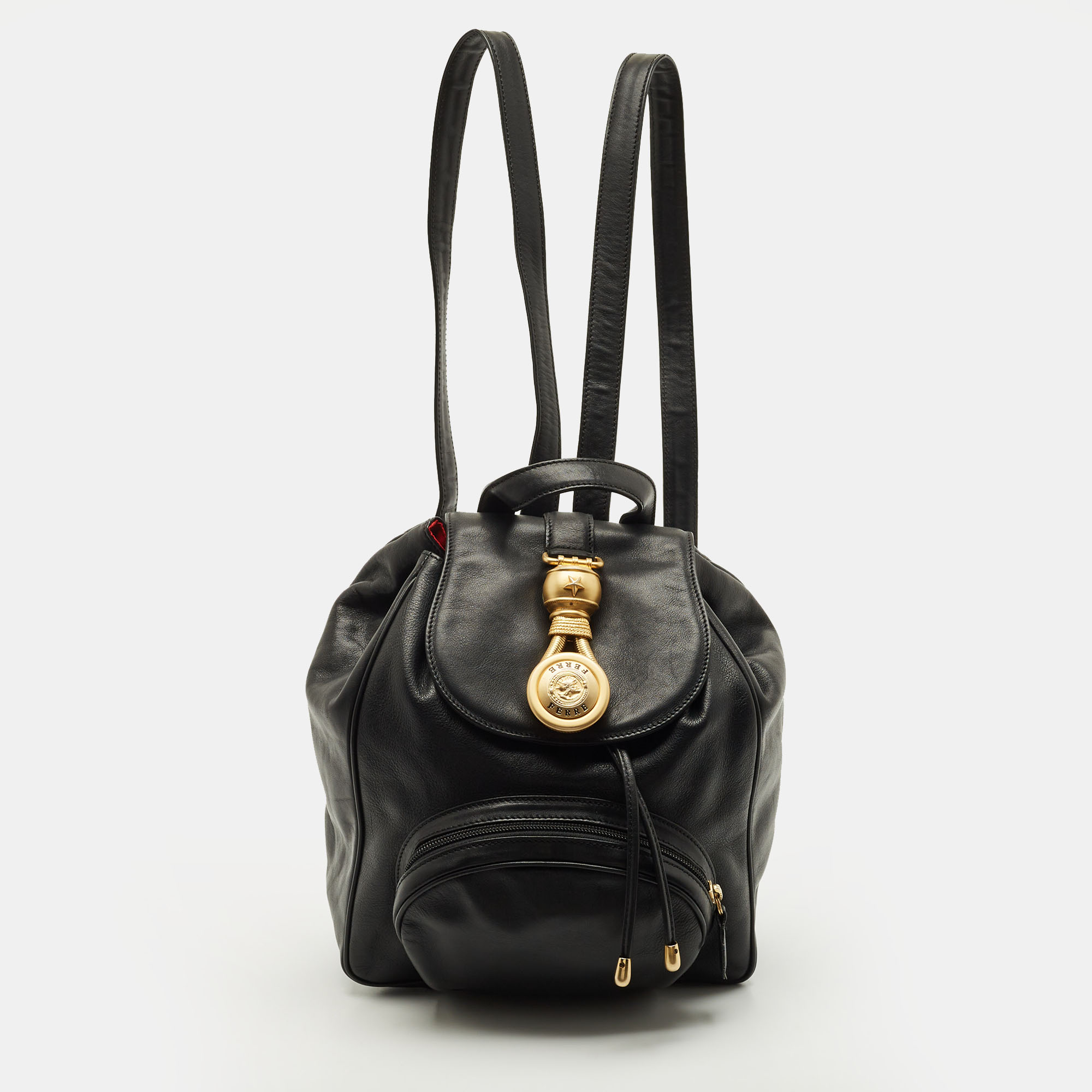 Pre-owned Gianfranco Ferre Small Black Leather Drawstring Backpack