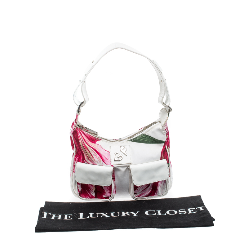 Pre-owned Gianfranco Ferre White/pink Floral Print Canvas And Leather Pocket Shoulder Bag