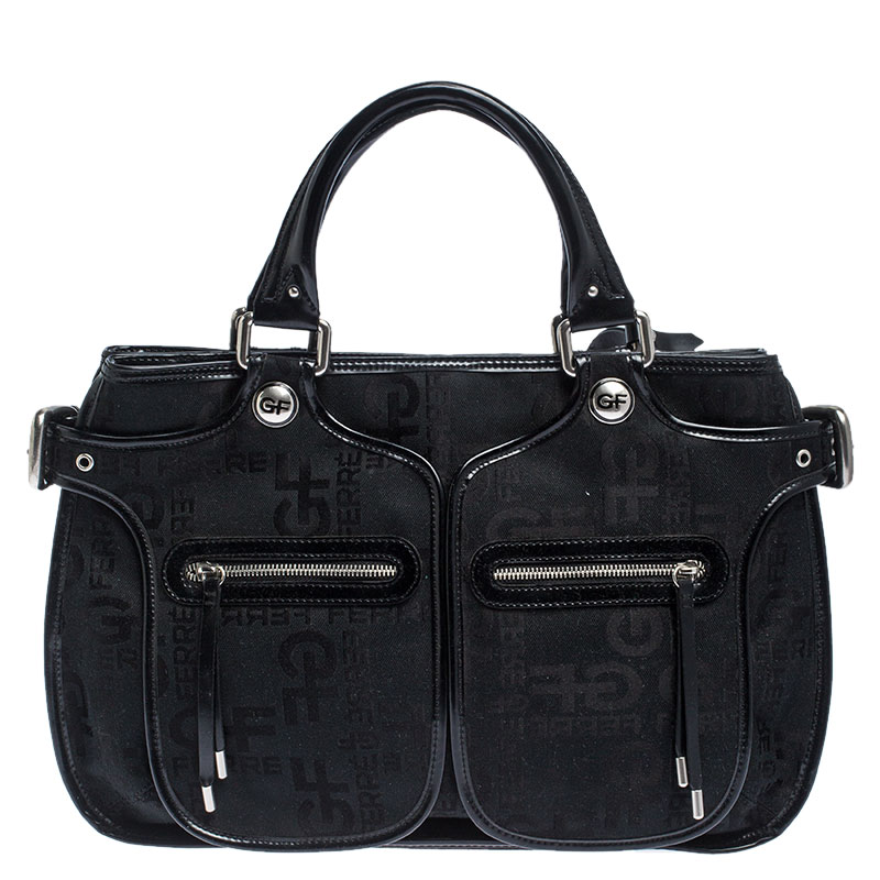GF Ferre Black Signature Canvas and Leather Hobo