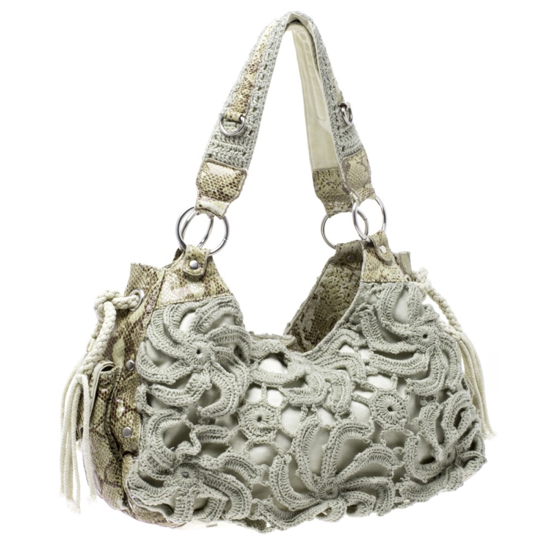 Pre-owned Gianfranco Ferre Olive Green/cream Crochet And Python Embossed Leather Tote