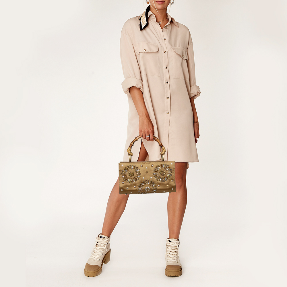 

Gianfranco Ferre Gold Satin Crystal Embroidered Top Handle Bag