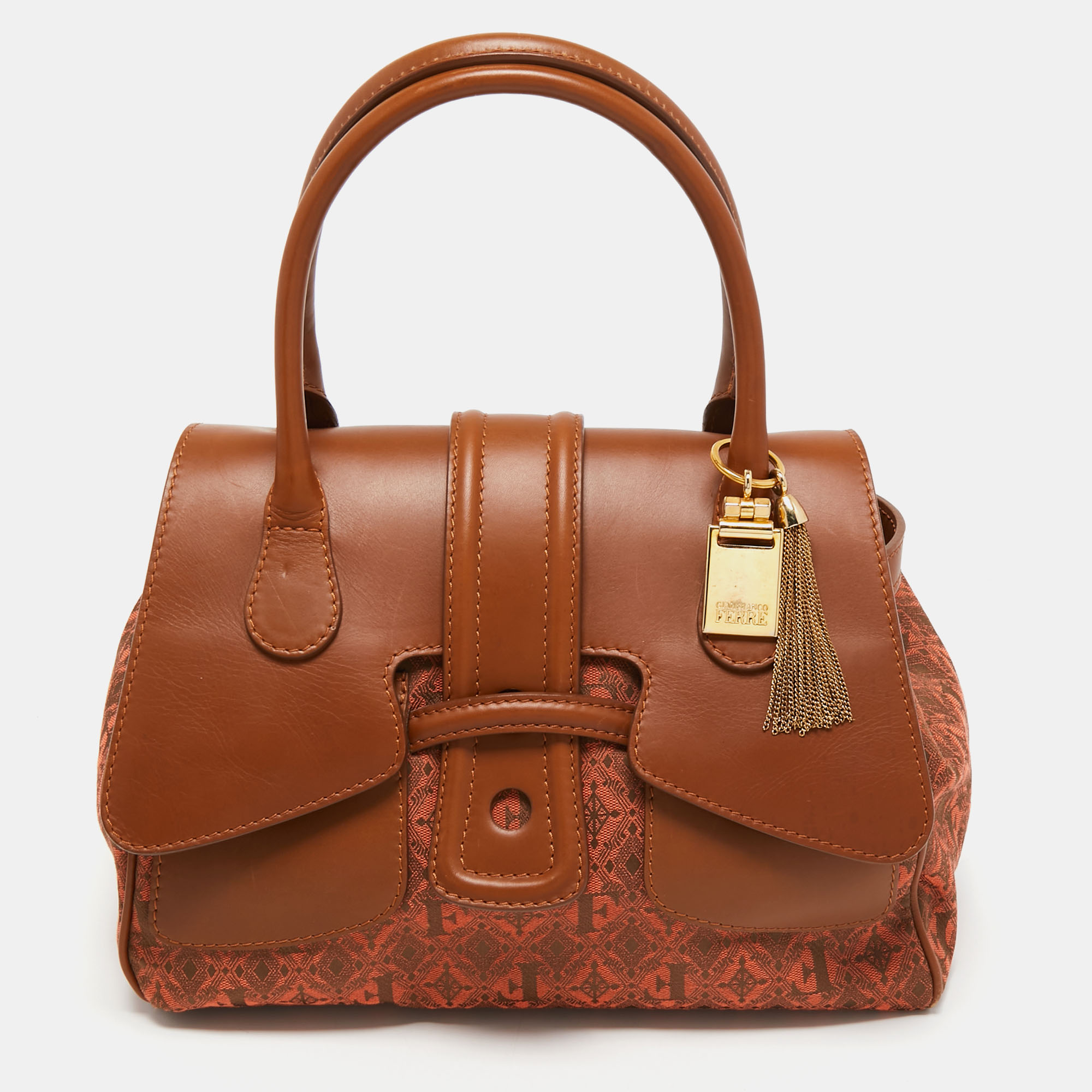 Pre-owned Gianfranco Ferre Brown Jacquard Fabric And Leather Flap Satchel
