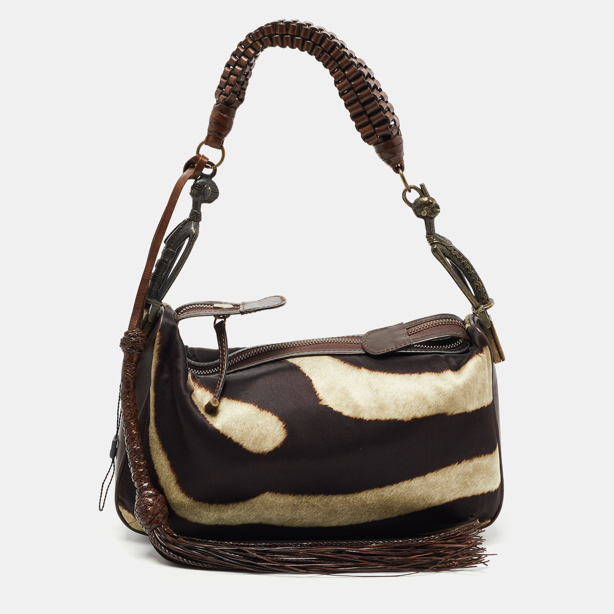 Pre-owned Gianfranco Ferre Brown Zebra Print Satin And Leather Tribe Handle Shoulder Bag