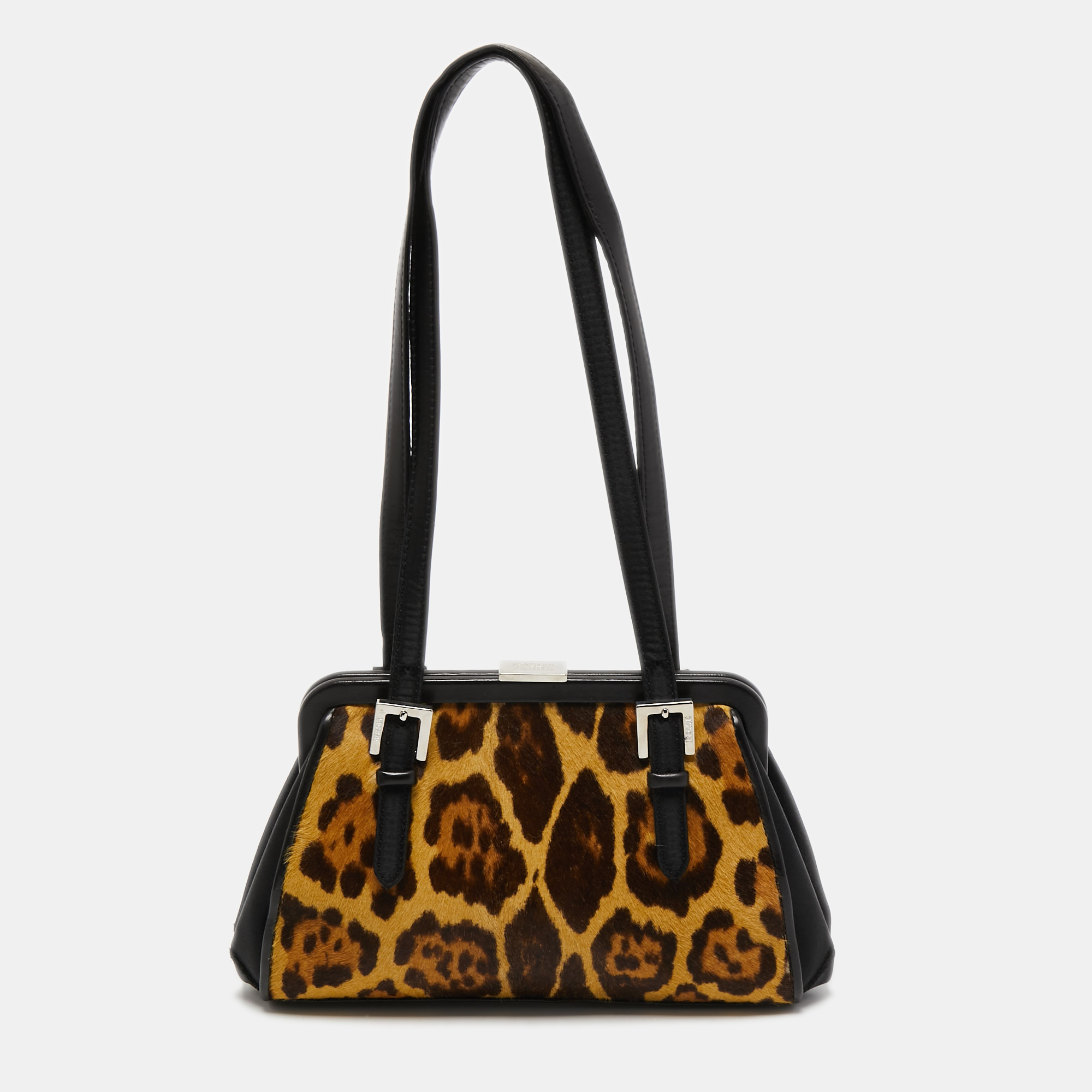 

Gianfranco Ferre Black/Beige Leopard Print Calfhair, Satin and Leather Nylon Frame Baguette Bag