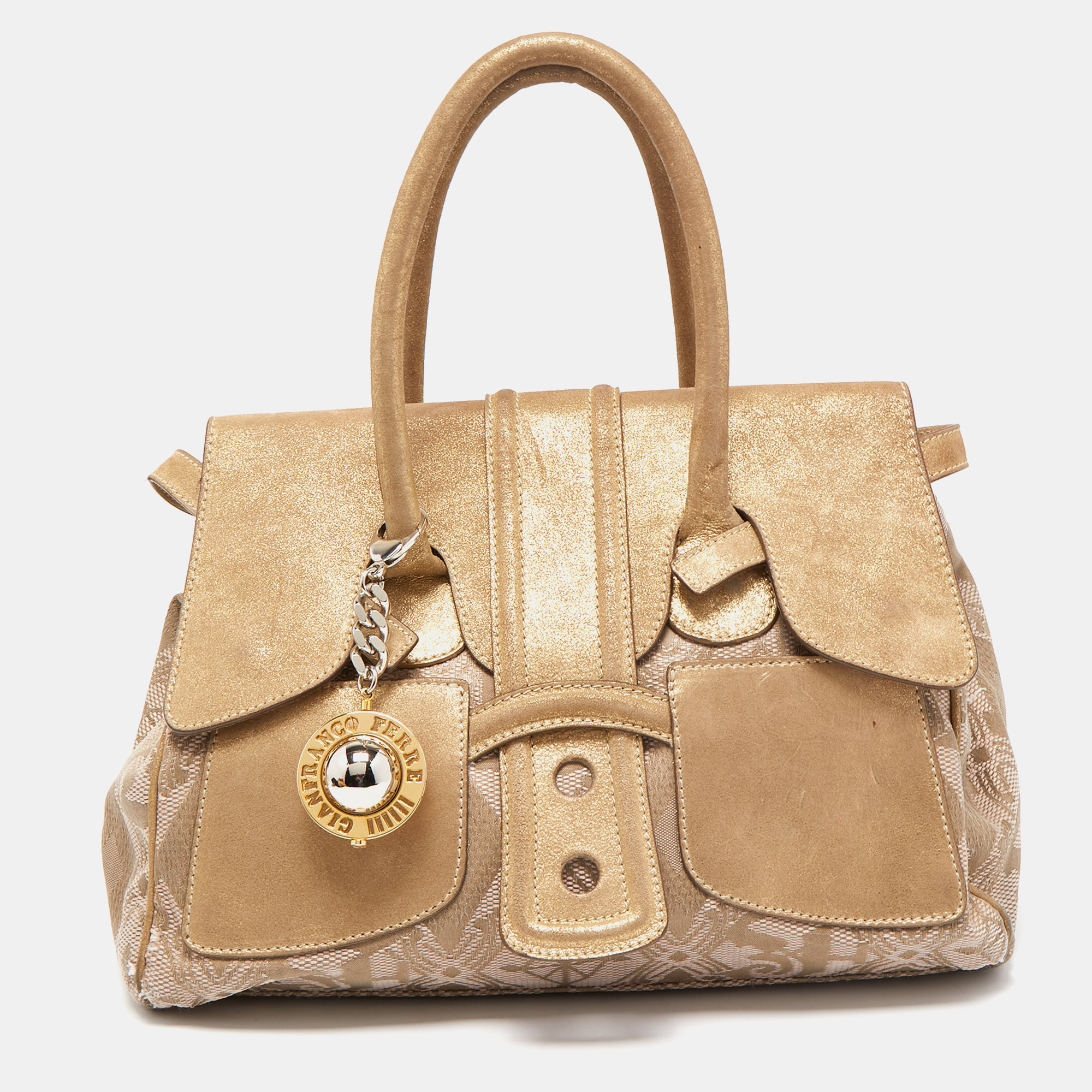 Pre-owned Gianfranco Ferre Gold/beige Printed Canvas And Suede Flap Satchel