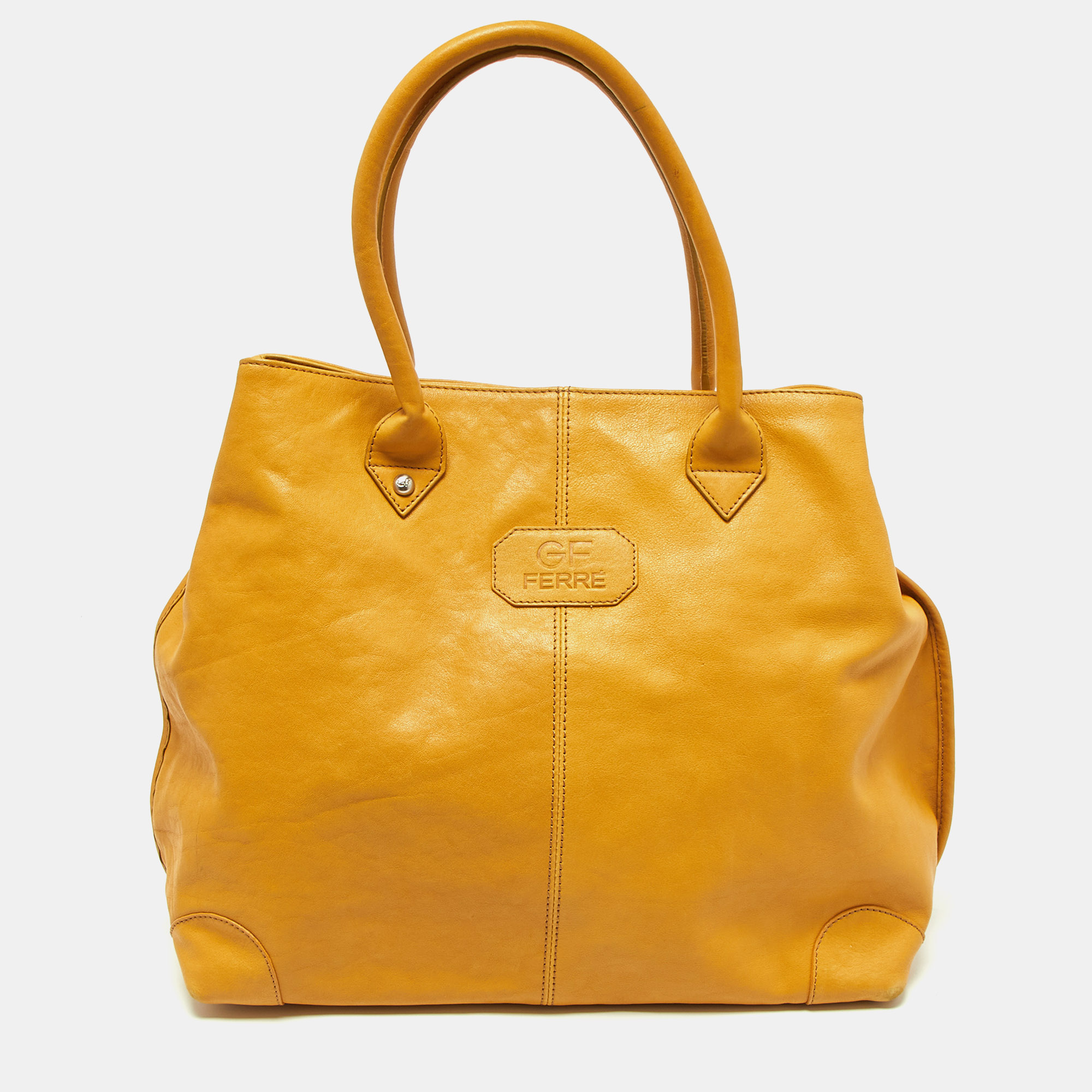 Pre-owned Gianfranco Ferre Mustard Leather Shopper Tote In Yellow