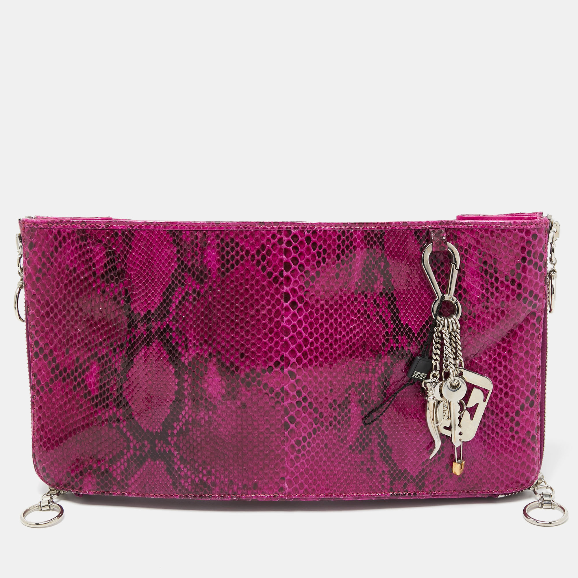 Pre-owned Gianfranco Ferre Magenta Python Side Zip Oversized Clutch In Pink