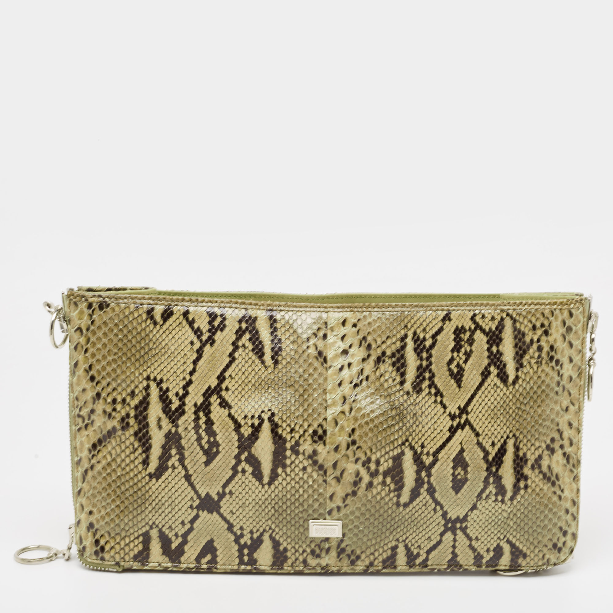 Pre-owned Gianfranco Ferre Olive Green Python Oversized Zip Clutch