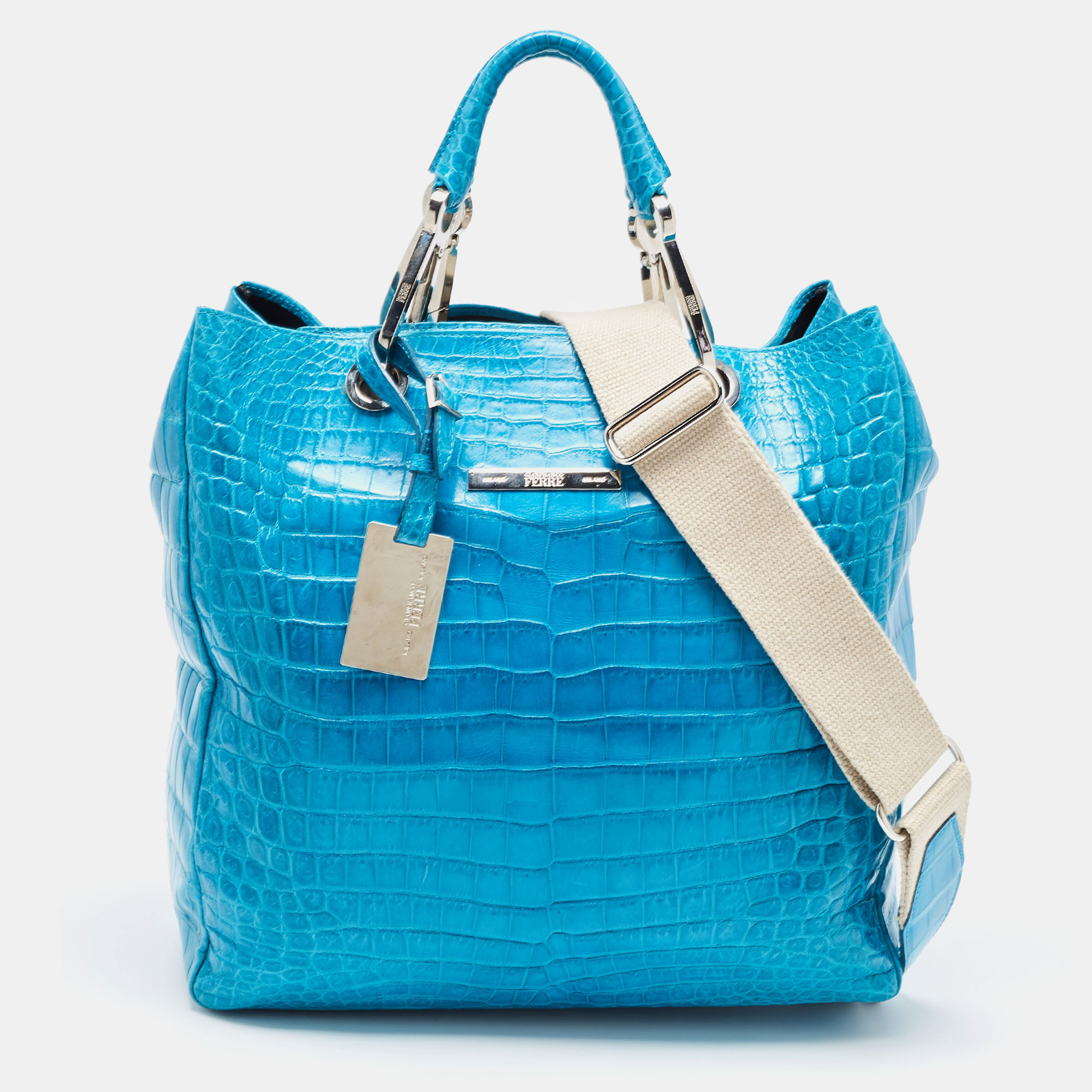 Pre-owned Gianfranco Ferre Turquoise Blue Crocodile Grommet Tote