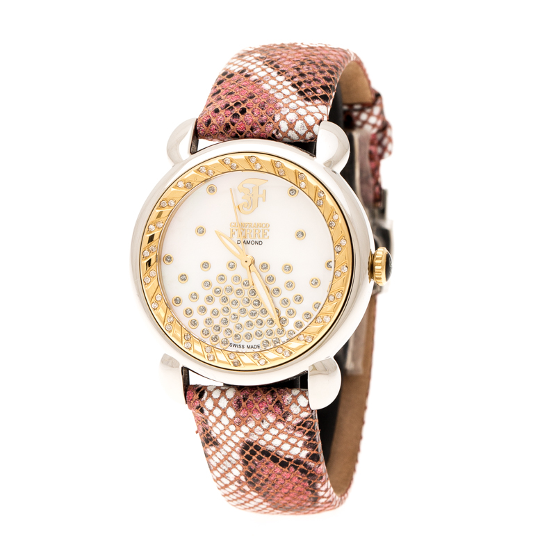 Gianfranco Ferre White Mother of Pearl Two Tone Stainless Steel Diamond Collection Women's Wristwatch 35 mm