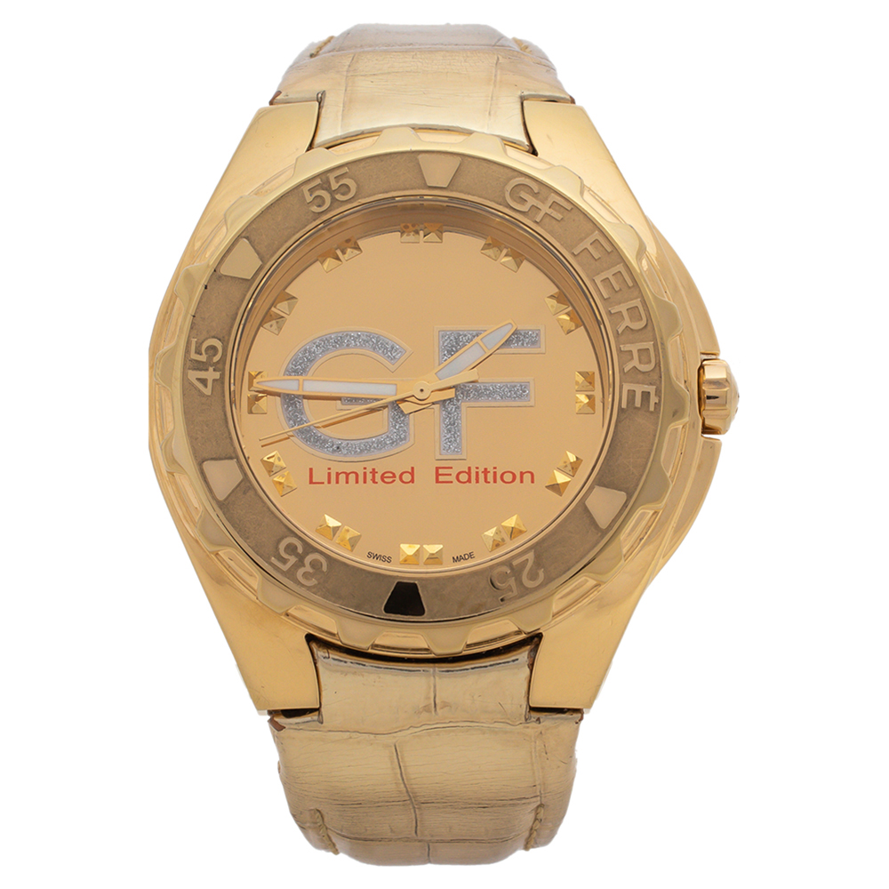 GIANFRANCO FERRE GOLD TONE STAINLESS STEEL 9040J LIMITED EDITION DIAMOND UNISEX WRISTWATCH 44MM