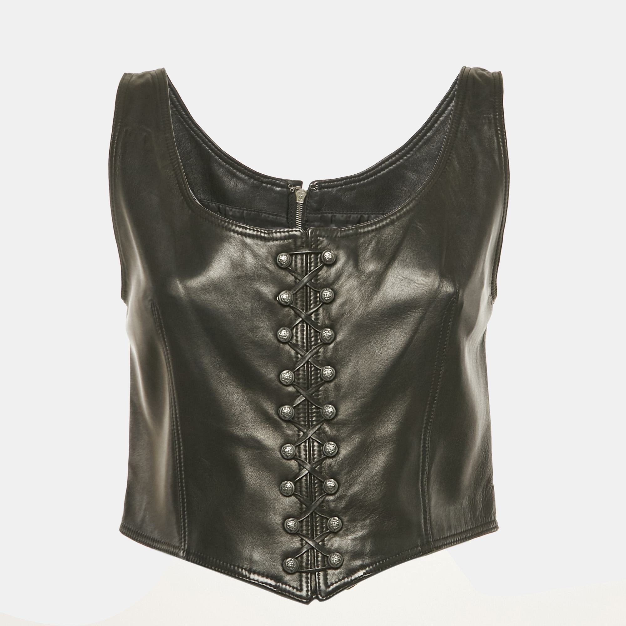 

Gianni Versace Vintage Black Leather Lace Up Corset Top M