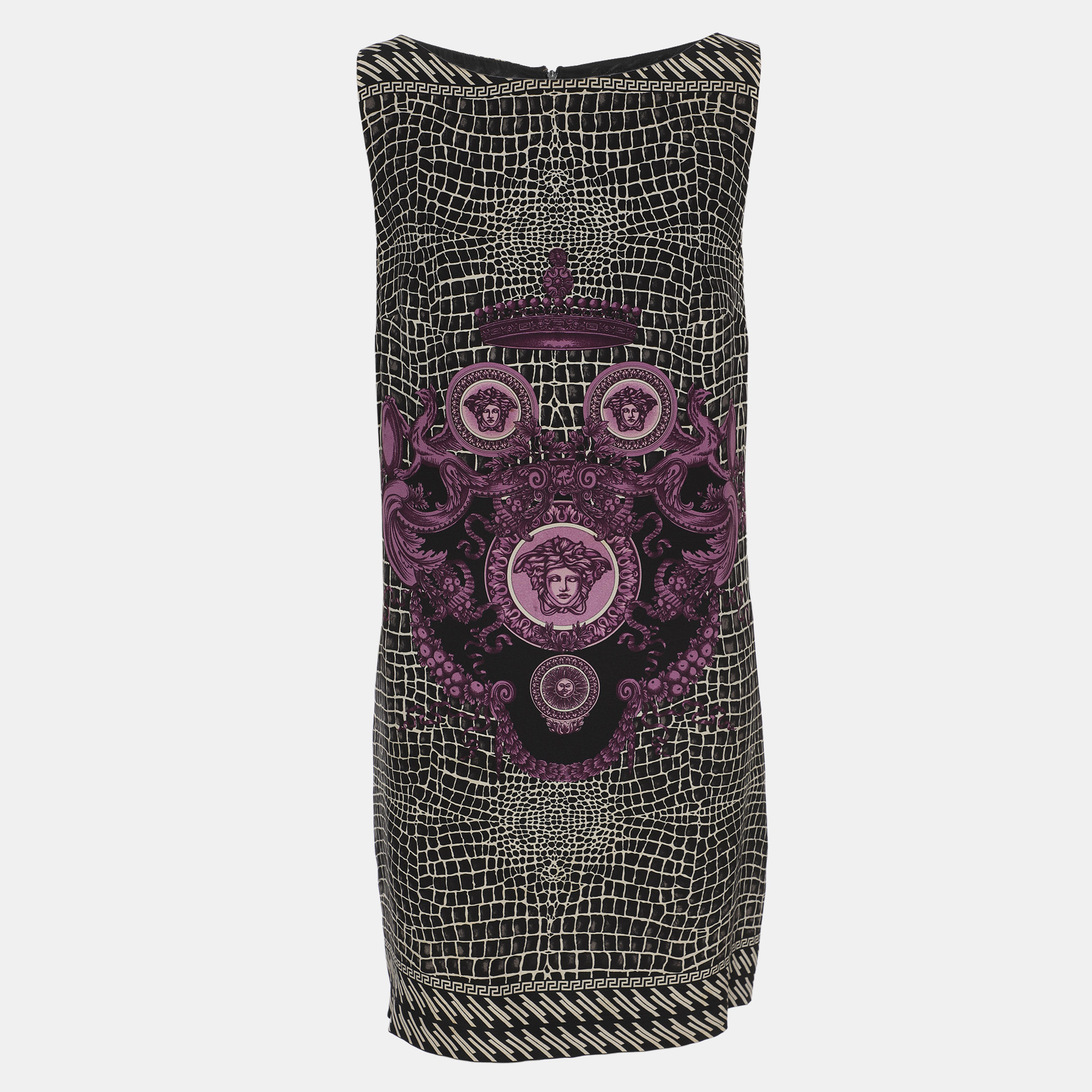 VERSACE Pre-owned Monochrome/purple Animal Print Satin Medusa Sleeveless Mini Dress L In Gray