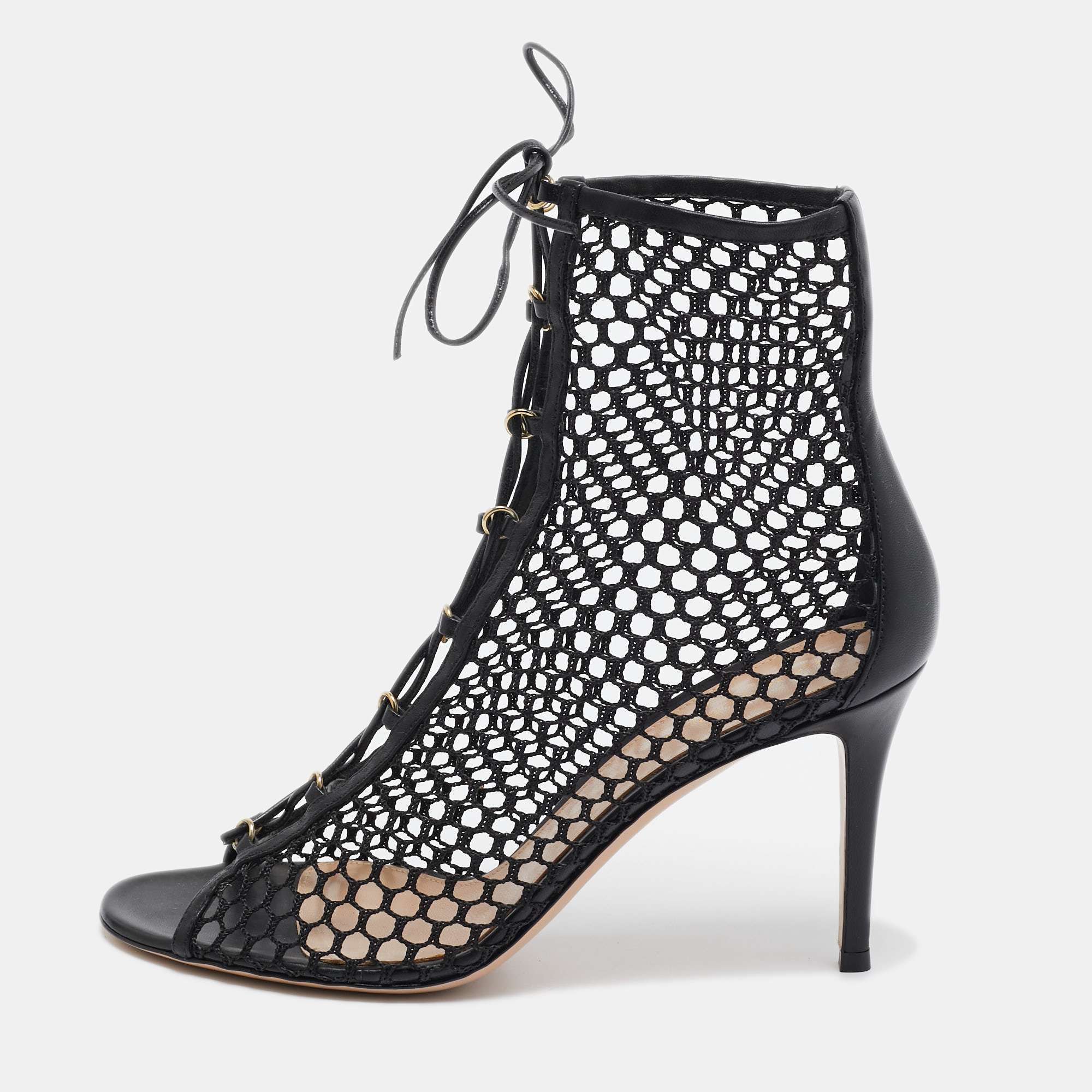 

Gianvito Rossi Black Mesh and Leather Lace Up Open Toe Booties Size