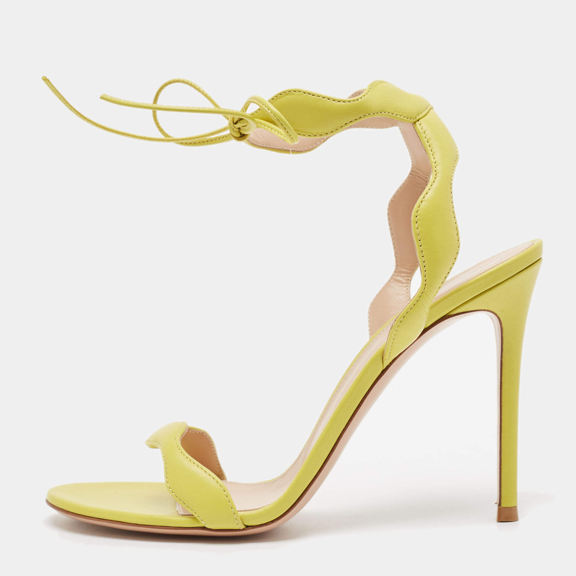 

Gianvito Rossi Green Leather Wavy Ankle Tie Sandals Size