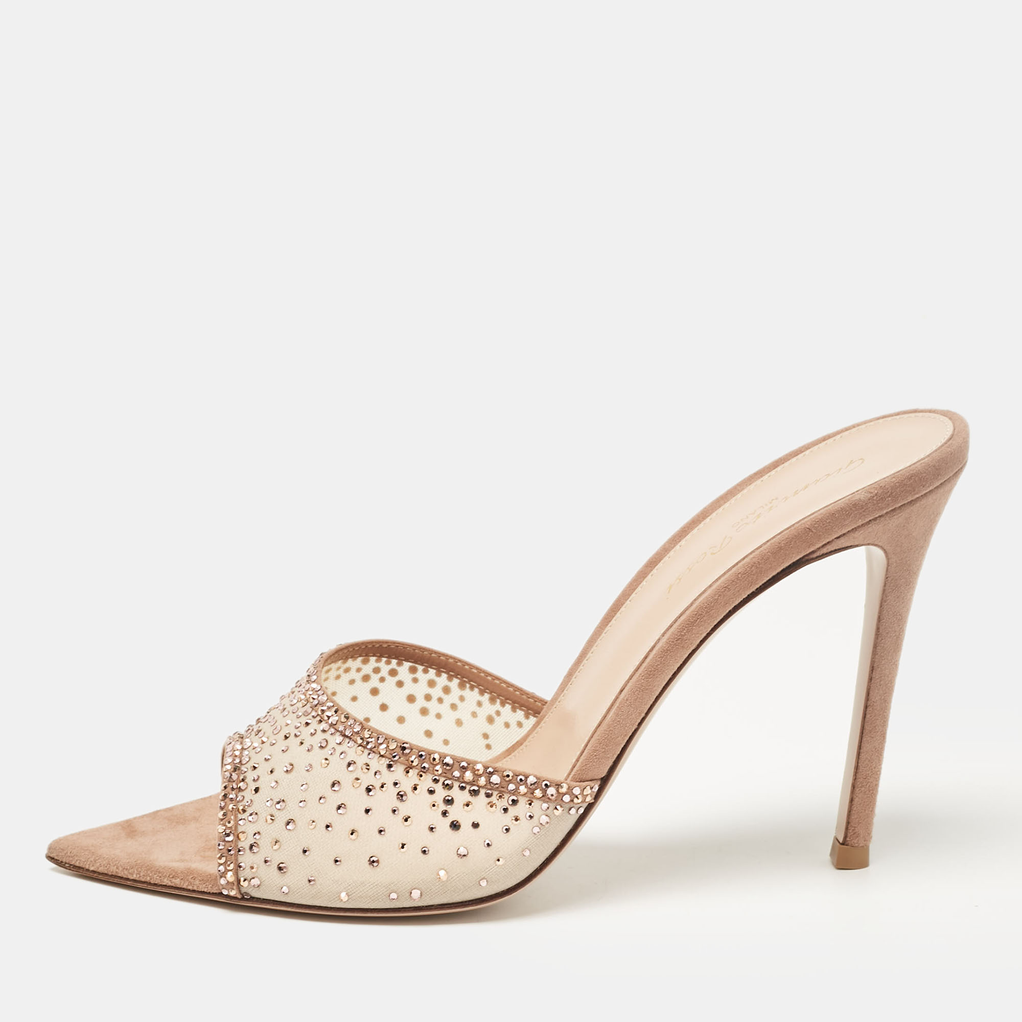 

Gianvito Rossi Beige Suede and Organza Embellished Rania Mules Size