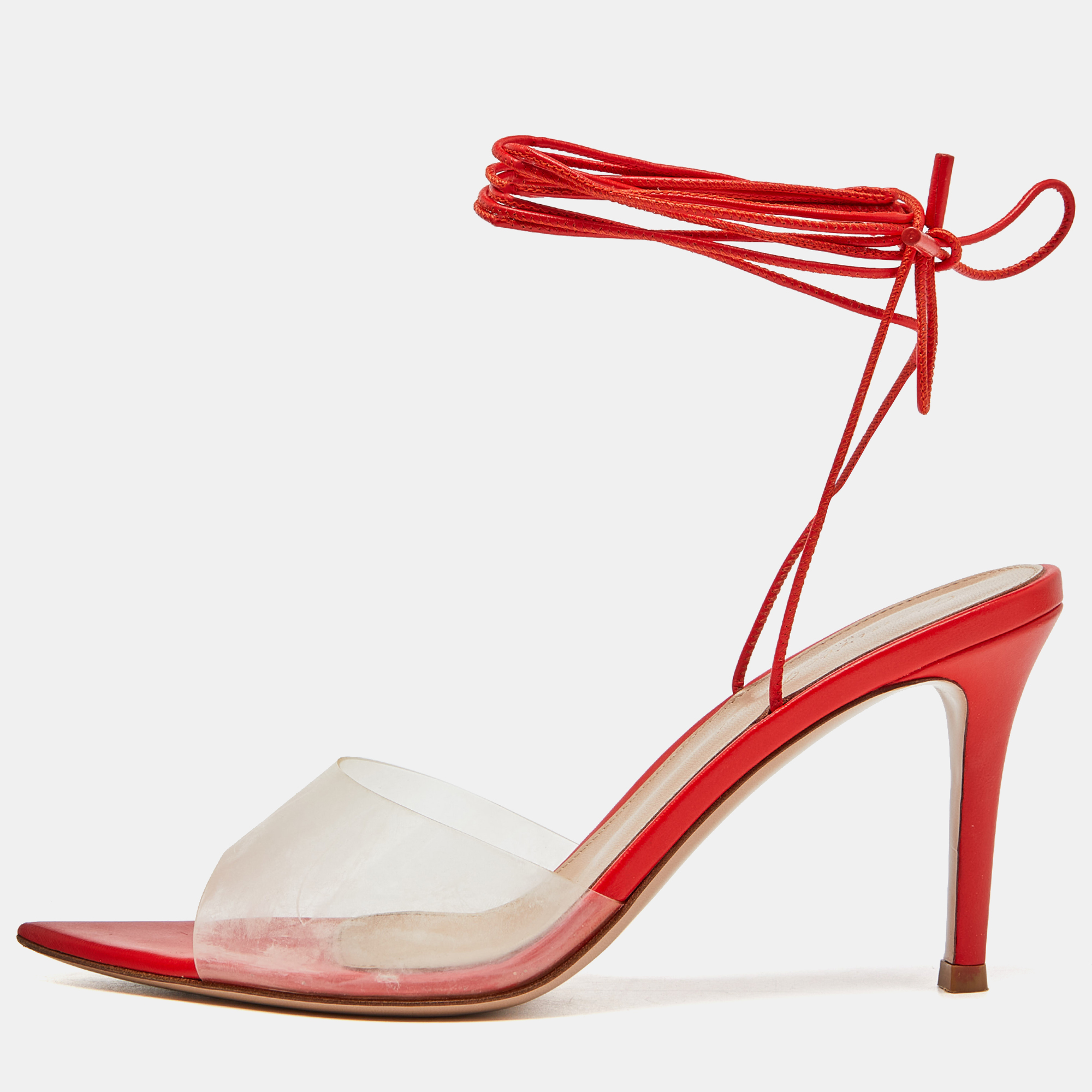 

Gianvito Rossi Poppy Red Leather and PVC Skye Sandals Size