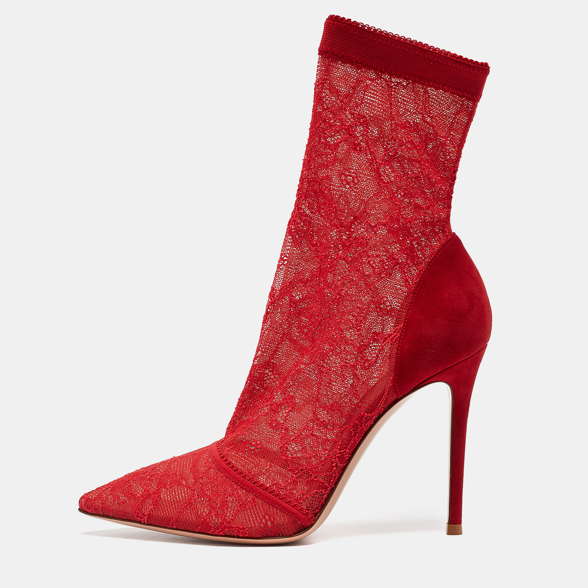 

Gianvito Rossi Red Lace and Suede Brinn Booties Size