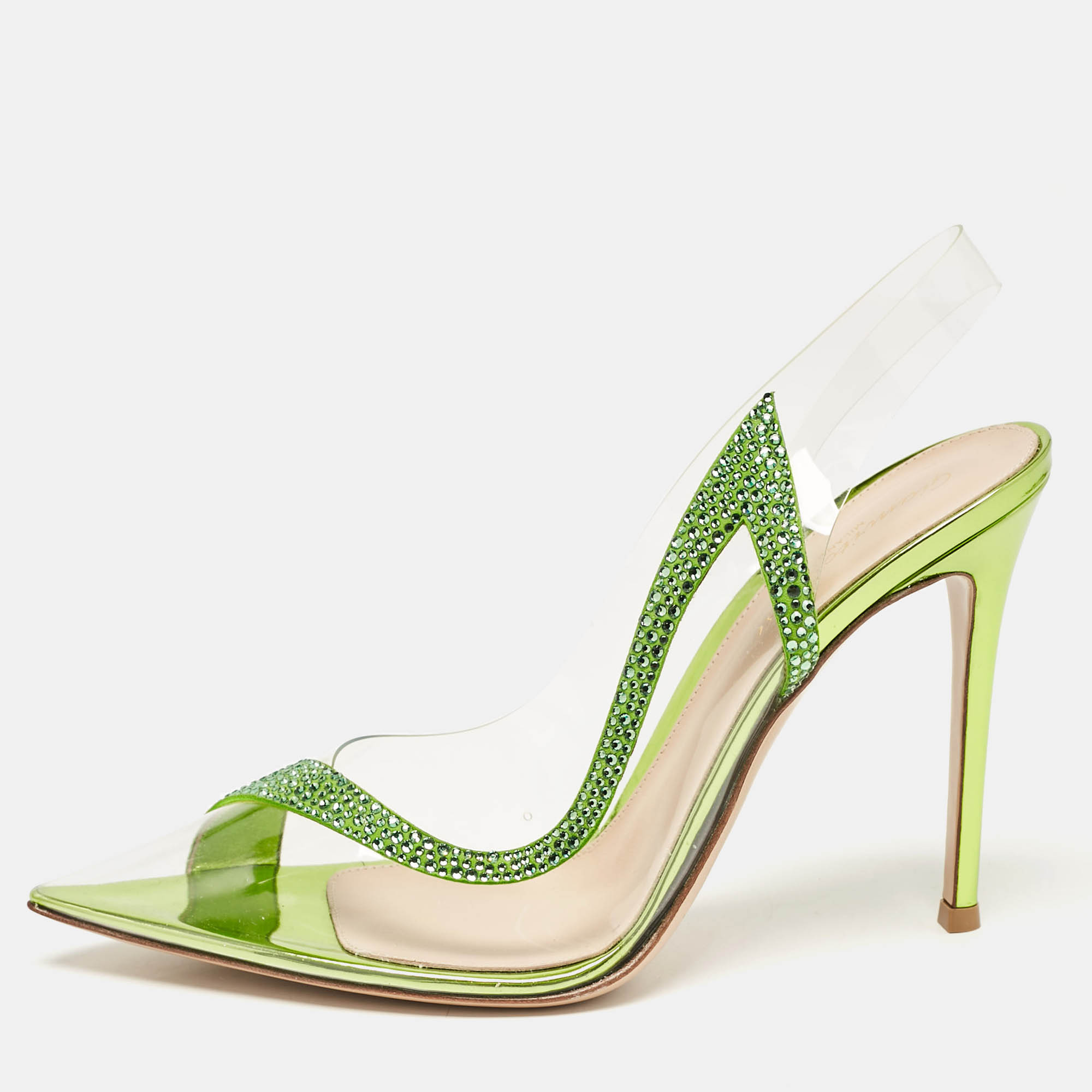 

Gianvito Rossi Transparent/Green PVC and Suede Embellished Hortensia Pumps Size